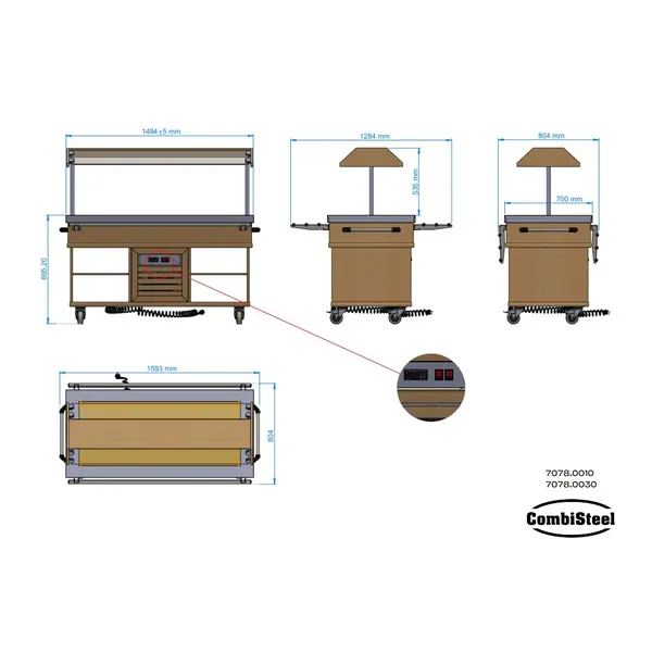 Gekoeld Buffet | Hout/RVS | 4x 1/1 GN | +4°C/+8°C | Statisch | Verlichte Kap | Wielen (Geremd) | 1500x700x1400(h)mm