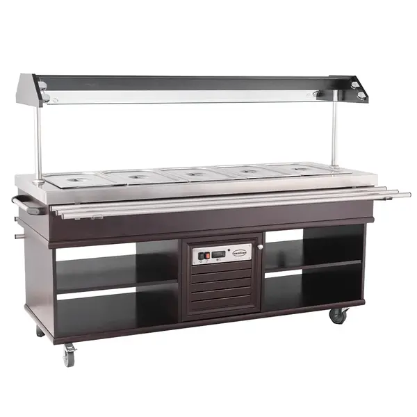 Warmhoudbuffet | Hout/RVS | 5x 1/1 GN | 30°C/90°C | Bain-Marie | 3kW (230V) | Verlichte Kap | Wielen (Geremd) | 1900x700x1400(h)mm