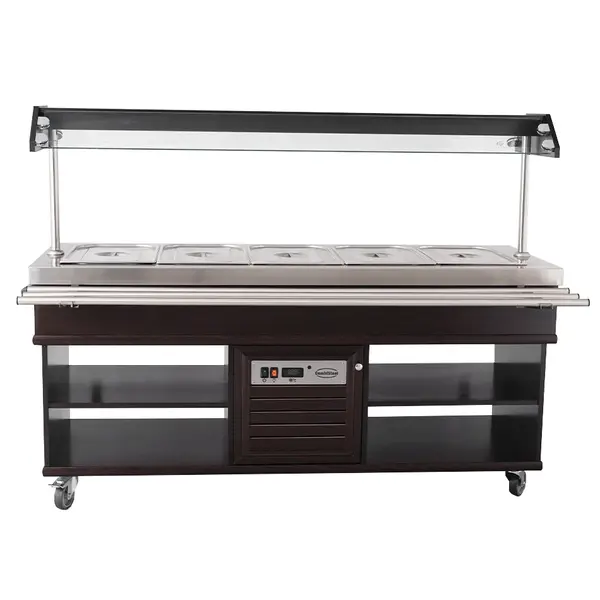 Warmhoudbuffet | Hout/RVS | 5x 1/1 GN | 30°C/90°C | Bain-Marie | 3kW (230V) | Verlichte Kap | Wielen (Geremd) | 1900x700x1400(h)mm
