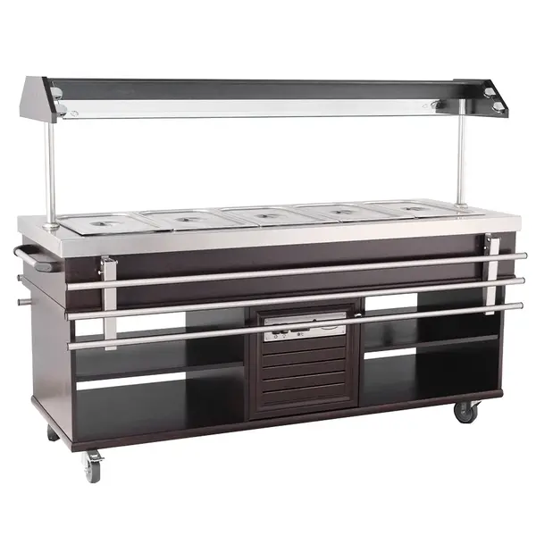 Warmhoudbuffet | Hout/RVS | 5x 1/1 GN | 30°C/90°C | Bain-Marie | 3kW (230V) | Verlichte Kap | Wielen (Geremd) | 1900x700x1400(h)mm