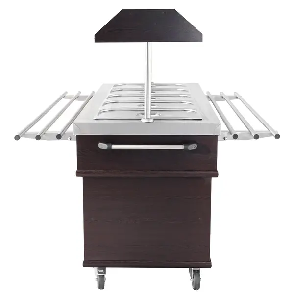 Warmhoudbuffet | Hout/RVS | 5x 1/1 GN | 30°C/90°C | Bain-Marie | 3kW (230V) | Verlichte Kap | Wielen (Geremd) | 1900x700x1400(h)mm