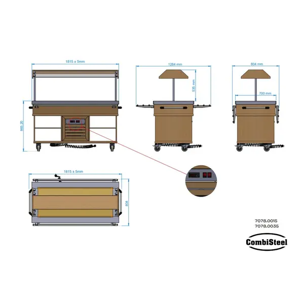Warmhoudbuffet | Hout/RVS | 5x 1/1 GN | 30°C/90°C | Bain-Marie | 3kW (230V) | Verlichte Kap | Wielen (Geremd) | 1900x700x1400(h)mm