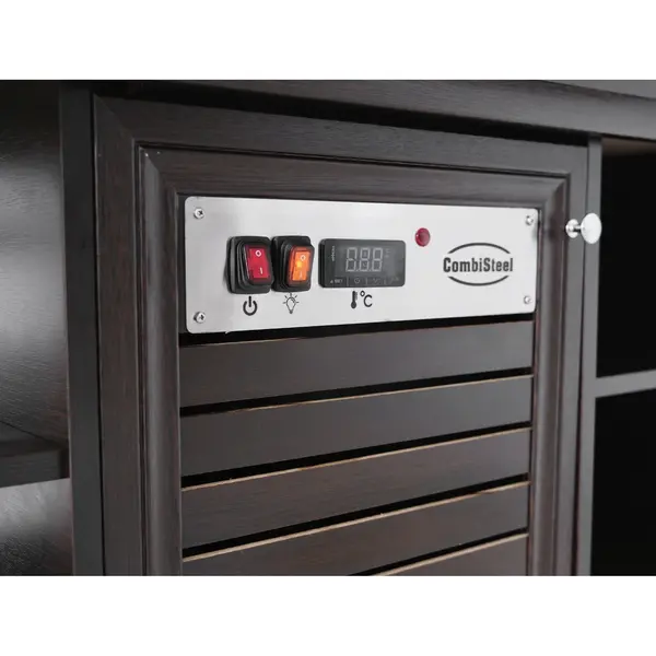 Warmhoudbuffet | Hout/RVS | 5x 1/1 GN | 30°C/90°C | Bain-Marie | 3kW (230V) | Verlichte Kap | Wielen (Geremd) | 1900x700x1400(h)mm