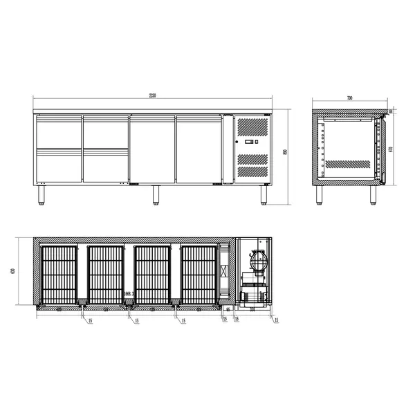 Koelwerkbank | STANDARD LINE | 553L | 2 Deuren + 4 Laden (1/1 GN) | +2°C/+8°C | Geforceerd | 2230x700x850(h)mm