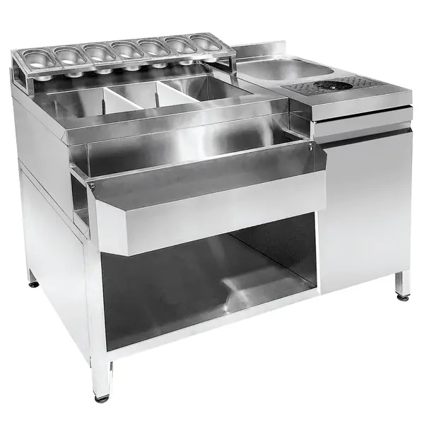 Bar-/Cocktailstation | RVS | Spoelbak + Glazenspoeler | IJs-/Ingrediëntenbakken + Flessenrek + GN-Bakhouder | 1 Deur + Open Vak | Achteropstand | 1340x700x875/990(h)mm