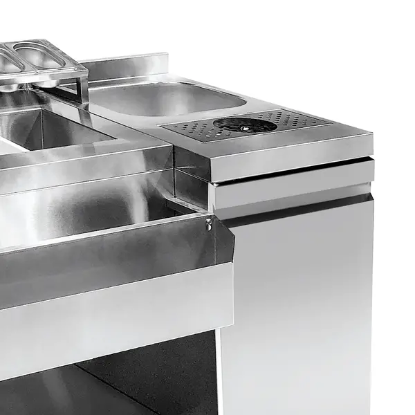 Bar-/Cocktailstation | RVS | Spoelbak + Glazenspoeler | IJs-/Ingrediëntenbakken + Flessenrek + GN-Bakhouder | 1 Deur + Open Vak | Achteropstand | 1340x700x875/990(h)mm