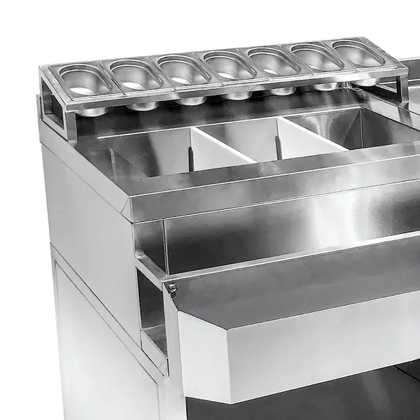 Bar-/Cocktailstation | RVS | Spoelbak + Glazenspoeler | IJs-/Ingrediëntenbakken + Flessenrek + GN-Bakhouder | 1 Deur + Open Vak | Achteropstand | 1340x700x875/990(h)mm