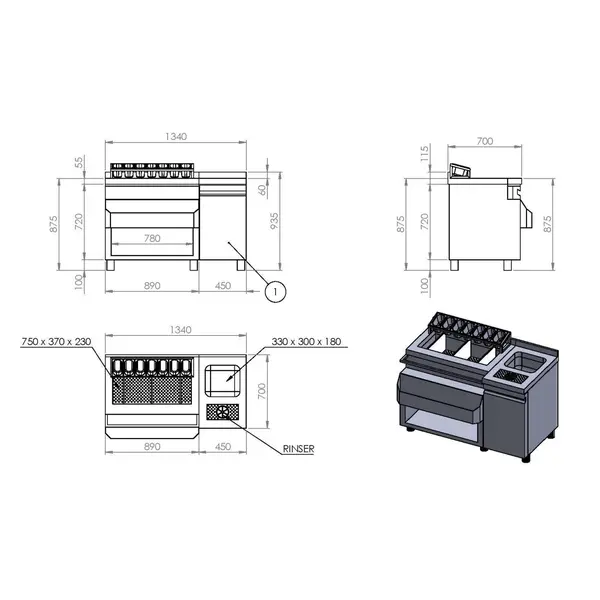 Bar-/Cocktailstation | RVS | Spoelbak + Glazenspoeler | IJs-/Ingrediëntenbakken + Flessenrek + GN-Bakhouder | 1 Deur + Open Vak | Achteropstand | 1340x700x875/990(h)mm