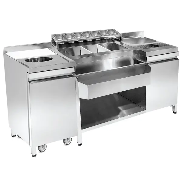 Bar-/Cocktailstation | RVS | Spoelbak + Glazenspoeler | IJs-/Ingrediëntenbakken + Flessenrek + GN-Bakhouder | Snijplank + Afvalgat | 1 Deur + Open Vak + Verrijdbare Afvalbak | Achteropstand | 1790x700x875/990(h)mm