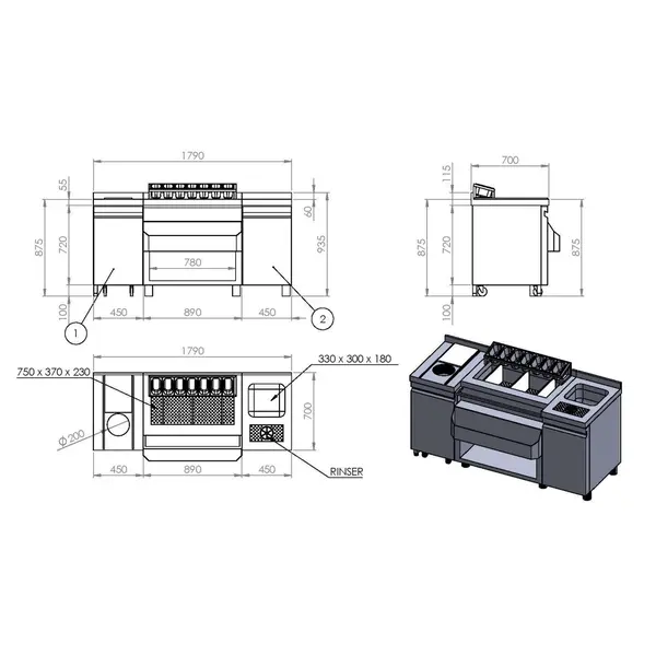 Bar-/Cocktailstation | RVS | Spoelbak + Glazenspoeler | IJs-/Ingrediëntenbakken + Flessenrek + GN-Bakhouder | Snijplank + Afvalgat | 1 Deur + Open Vak + Verrijdbare Afvalbak | Achteropstand | 1790x700x875/990(h)mm