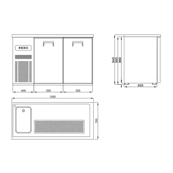 Vatenkoeler | PRO LINE | RVS | 2 Deuren | -2°C/+8°C | Geforceerd | Spoelbak (Links) | 1550x700x950(h)mm