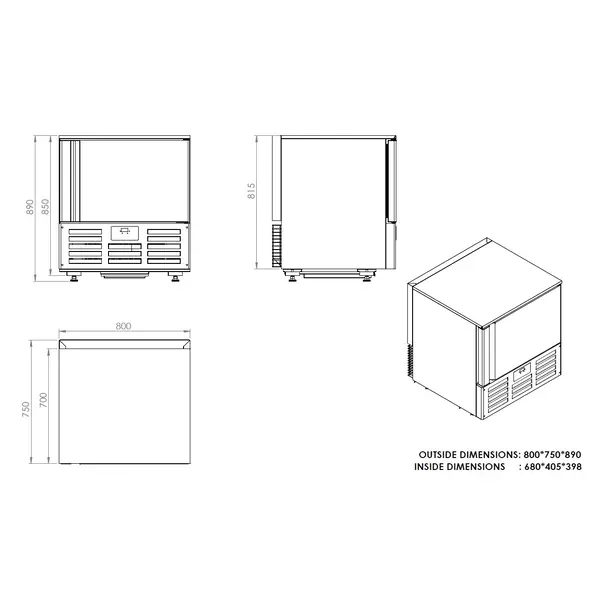 Blastchiller | PRO LINE | 5 Niveaus (1/1 GN) | Max. 20kg (Koelen) / 15kg (Vriezen) | 1.2kW (230V) | 800x750x850(h)mm