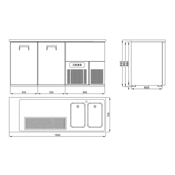 Vatenkoeler | PRO LINE | RVS | 2 Deuren | -2°C/+8°C | Geforceerd | 2 Spoelbakken (Rechts) | 1950x700x950(h)mm