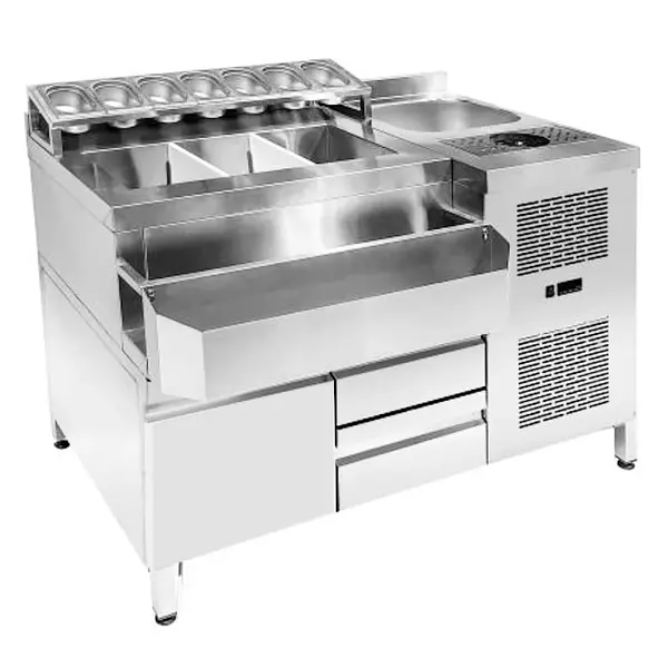 Bar-/Cocktailstation (Gekoeld) | RVS | 3 Gekoelde Laden (-1°C/+8°C) | Spoelbak + Glazenspoeler | IJs-/Ingrediëntenbakken + Flessenrek + GN-Bakhouder | Achteropstand | 1340x700x875/990(h)mm