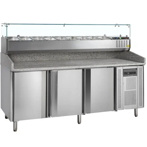 Pizzawerkbank + Opzetkoelvitrine | 580L | 3 Deuren (EN600x400) | Boven 9x 1/3 GN | +2°C/+10°C | Geforceerd | 2045x800x1445(h)mm