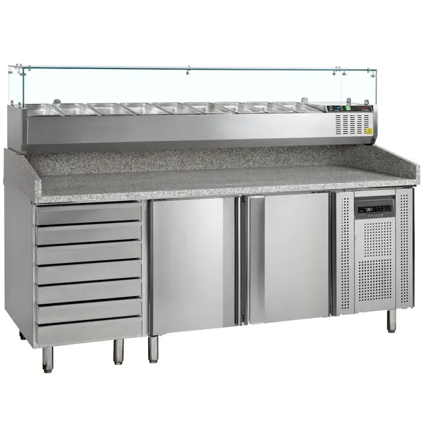 Pizzawerkbank + Opzetkoelvitrine | 390L | 2 Deuren + 7 Deegladen (EN600x400) | Boven 9x 1/3 GN | +2°C/+10°C | Geforceerd | 2045x800x1448(h)mm