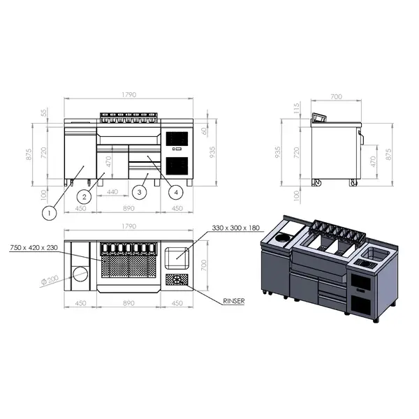 Bar-/Cocktailstation (Gekoeld) | RVS | 3 Gekoelde Laden (-1°C/+8°C) | Spoelbak + Glazenspoeler | IJs-/Ingrediëntenbakken + Flessenrek + GN-Bakhouder | Snijplank + Afvalgat + Verrijdbare Afvalbak | Achteropstand | 1790x700x875/990(h)mm