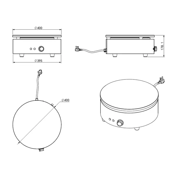 Crêpes Bakplaat | Elektrisch | Oppervlak Ø400 (Gietijzer) | 50°C/300°C | 3kW (230V) | Ø400x178(h)mm