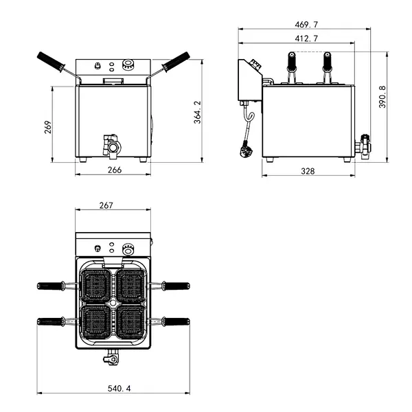 Pastakoker | Elektrisch | 8L | 30°C/110°C | 3.15kW (230V) | Aftapkraan | 266x470x269/364(h)mm
