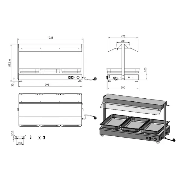 Warmhoudunit | 3x 1/1 GN | 30°C/110°C | Onder + Boven | 1.55kW (230V) | 1035x500x600(h)mm