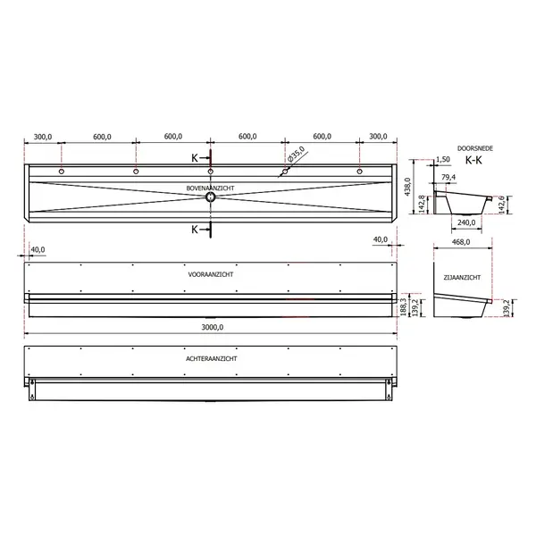Wasbak | RVS | 5 Kraangaten | Spatscherm | Incl. Afvoerplug | 3000x468x438(h)mm