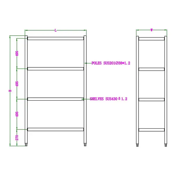 Stelling | RVS | 4 Niveaus | Diepte 500 | Hoogte 1800 | Breedte 900-1500