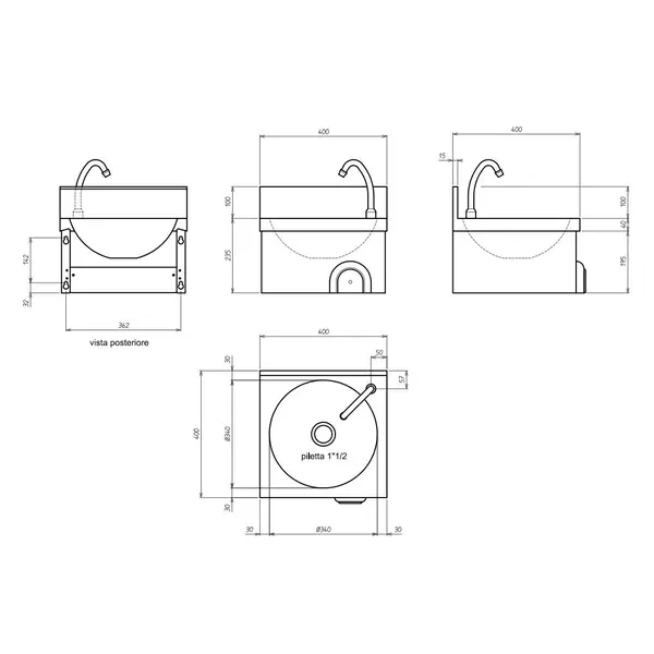 Handwasbak | RVS | Kniebediening (Zelfsluitend) | 400x400x235/335(h)mm