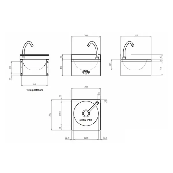 Handwasbak | RVS | Kniebediening (Zelfsluitend) | 300x315x170/220(h)mm