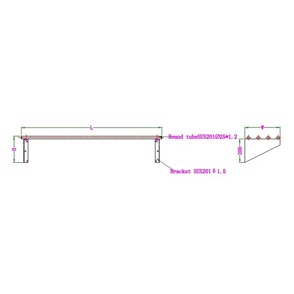 Wandrek | RVS | 1 Niveau | Diepte 300 | Hoogte 225 | Breedte 600-1800 | Incl. Wandsteunen