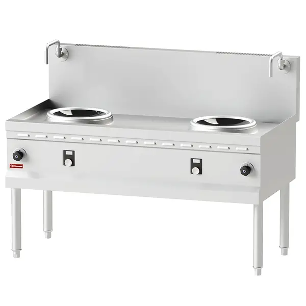 Inductiewokfornuis | WOK LINE | 2 Kookpunten (Ø300) | 10kW (400V) | Watergordijn | Open Onderstel | 1400x750x750/1050(h)mm