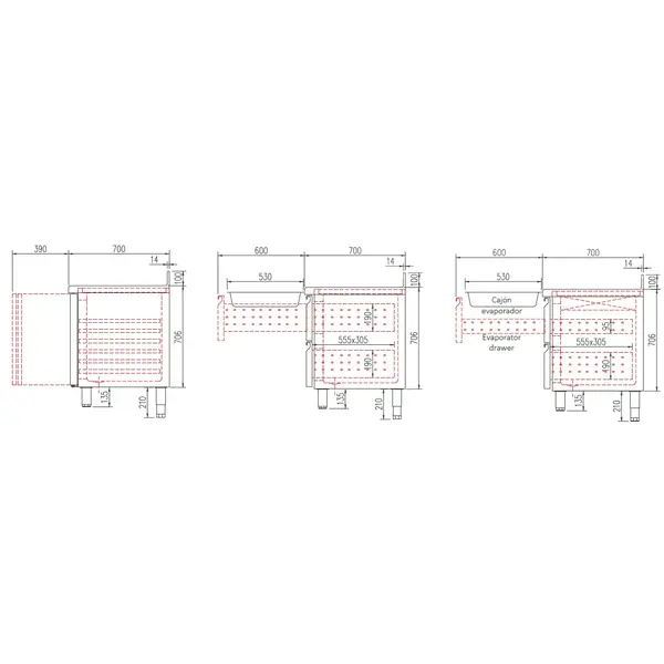 Koelwerkbank | S-LINE | 399L | 3 Deuren (1/1 GN) | -2°C/+8°C | Geforceerd | Temperatuuralarm | Achteropstand | 1795x700x850/950(h)mm
