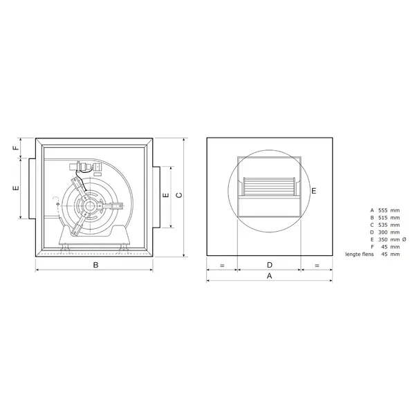 Ventilator In Box | 3.000 m3/h | Ø350mm | 1.5A | 0.15kW | 230V | 515x555x535(h)mm