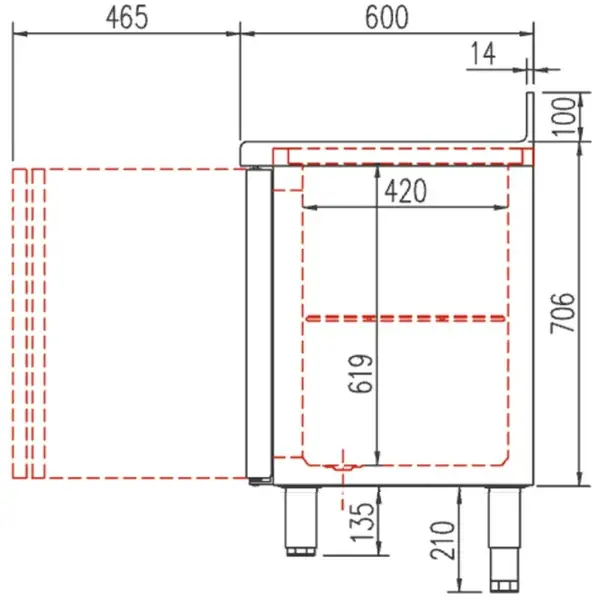 Koelwerkbank | S-LINE | 516L | 4 Deuren | -2°C/+8°C | Geforceerd | Temperatuuralarm | Achteropstand | 2545x600x850/950(h)mm