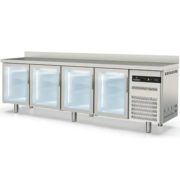 Koelwerkbank | S-LINE | 516L | 4 Glasdeuren | -2°C/+8°C | Geforceerd | Temperatuuralarm | Achteropstand | 2545x600x850/950(h)mm