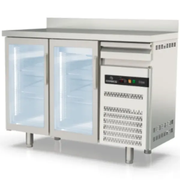 Koelwerkbank | S-LINE | 325L | 2 Glasdeuren + 1 Lade | -2°C/+8°C | Geforceerd | Temperatuuralarm | Achteropstand | 1495x600x1040/1140(h)mm