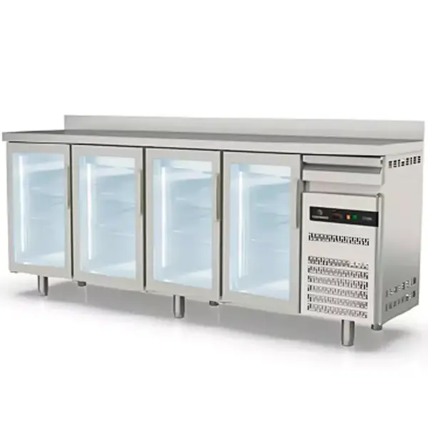 Koelwerkbank | S-LINE | 684L | 4 Glasdeuren + 1 Lade | -2°C/+8°C | Geforceerd | Temperatuuralarm | Achteropstand | 2545x600x1040/1140(h)mm