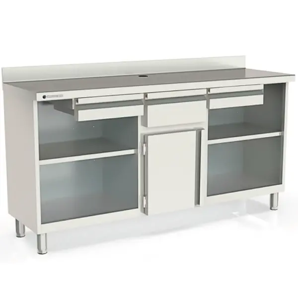 Koffiewerkbank | S-LINE | RVS | Draaideur + Afkloplade +2 Laden | 2 Tussenschappen | Achteropstand | 2020x600x1040/1140(h)mm
