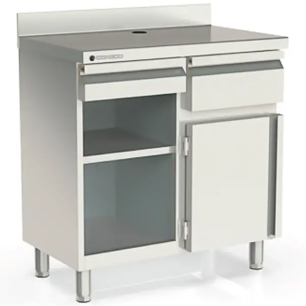 Koffiewerkbank | S-LINE | RVS | Draaideur + Afkloplade + Lade | Tussenschap | Achteropstand | 990x600x1040/1140(h)mm