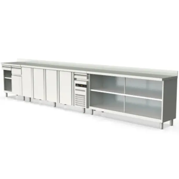 Koffiewerkbank | S-LINE | RVS | Draaideur + Afkloplade + Lade | Tussenschap | Achteropstand | 990x600x1040/1140(h)mm