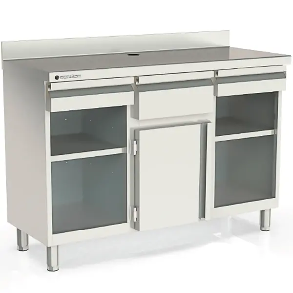 Koffiewerkbank | S-LINE | RVS | Draaideur + Afkloplade +2 Laden | 2 Tussenschappen | Achteropstand | 1495x600x1040/1140(h)mm