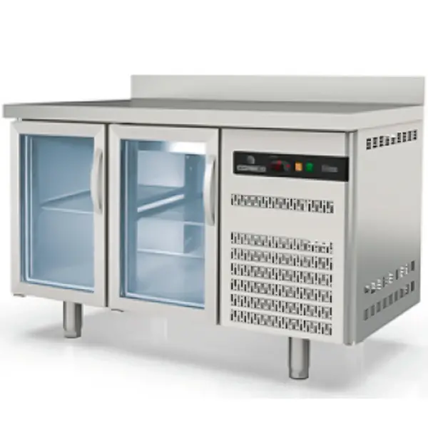 Koelwerkbank | S-LINE | 255L | 2 Glasdeuren (1/1 GN) | -2°C/+8°C | Geforceerd | Temperatuuralarm | Achteropstand | 1345x700x850/950(h)mm