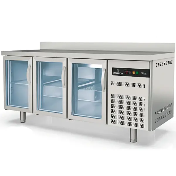Koelwerkbank | S-LINE | 399L | 3 Glasdeuren (1/1 GN) | -2°C/+8°C | Geforceerd | Temperatuuralarm | Achteropstand | 1795x700x850/950(h)mm