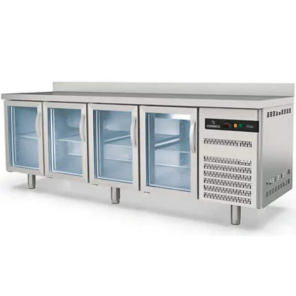 Koelwerkbank | S-LINE | 543L | 4 Glasdeuren (1/1 GN) | -2°C/+8°C | Geforceerd | Temperatuuralarm | Achteropstand | 2245x700x850/950(h)mm