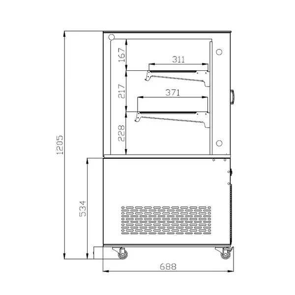 Koelvitrine | 370L | RVS/Zwart | +2°C/+8°C | 3 Niveaus | 1215x675x1210(h)mm