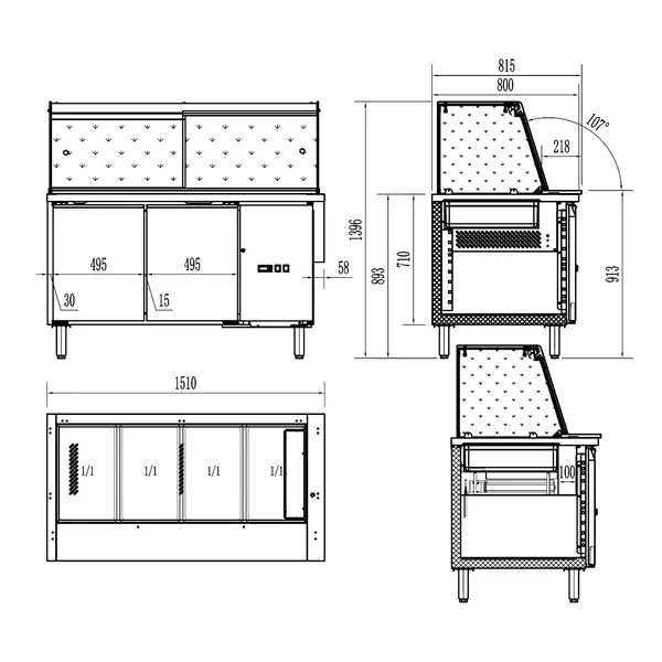 Saladette | STANDARD LINE | 428L | 2 Deuren (EN600x400) | Boven 4x 1/1 GN | -2°C/+8°C | Geforceerd | Glasopstand + Snijblad | 1510x800x860/1365(h)mm