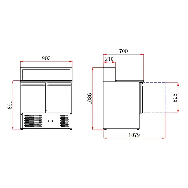 Pizzawerkbank | 240L | 2 Deuren (1/1 GN) | Boven 5x 1/6 GN | +2°C/+8°C | Statisch + Ventilator | 900x700x850/1075(h)mm