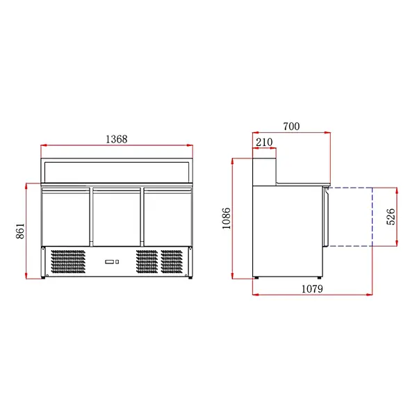 Pizzawerkbank | 402L | 3 Deuren (1/1 GN) | Boven 8x 1/6 GN | +2°C/+8°C | Statisch + Ventilator | 1365x700x850/1075(h)mm