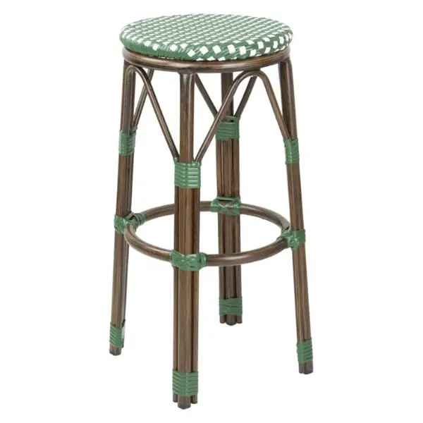 Barkrukken | Rotan/Aluminium | Groen | Houtlook Frame | In-/Outdoor | Stapelbaar | 2 Stuks | Ø360x755(h)mm
