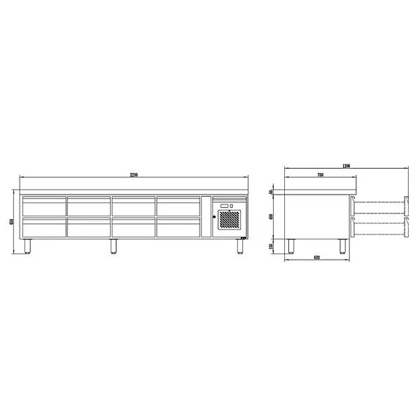 Koelwerkbank | Laag Model | 314L | 8 Laden (1/1 GN) | -2°C/+8°C | Geforceerd | 2230x700x700(h)mm