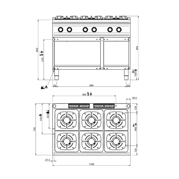 Fornuis | OPTIMA 700 | Gas | 6 Branders (6x 7kW) | Waakvlam | Open Onderkast | 1100x700x850/920(h)mm
